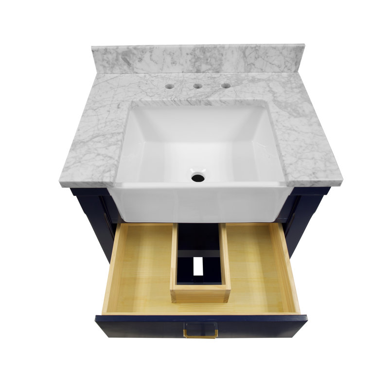 Hitton 30'' Single Bathroom Vanity with Top, Royal Blue, Carrara Marble