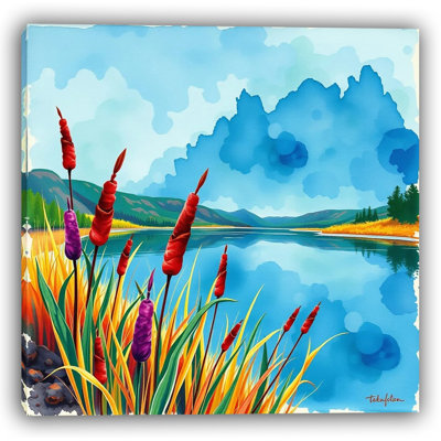 «Crimson Reeds by the Blue Lake», art sur toile à l'aquarelle audacieuse