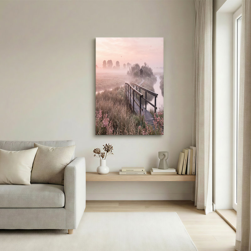 «Winding Wooden Boardwalk travers Misty Marsh» avec toile rose ciel, H 16 po x l 24 po