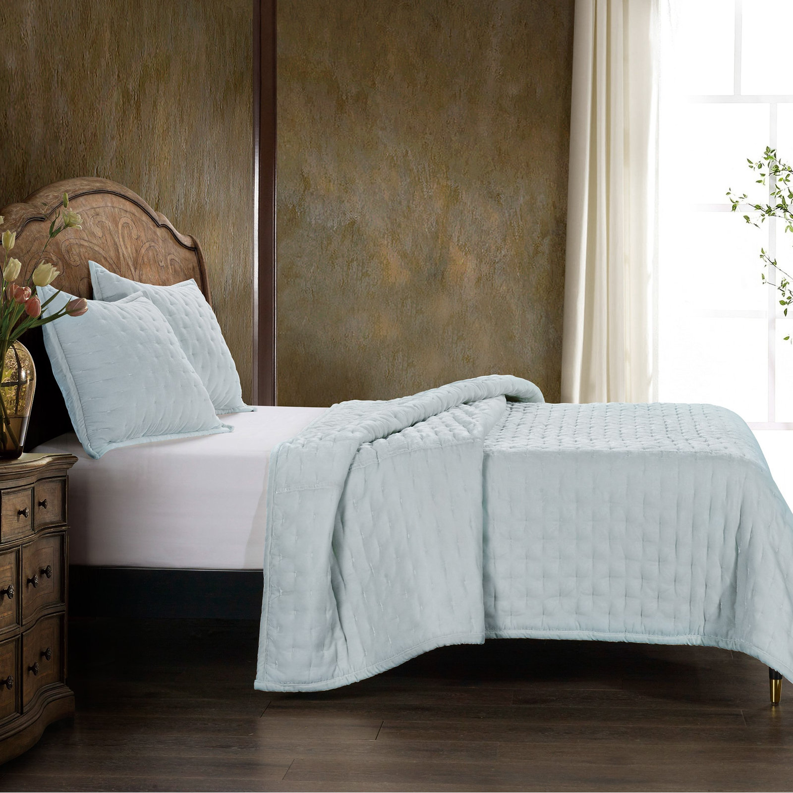 Stella Velvet Quilt Set, Icy Blue, Queen Quilt + 2 Standard Shams