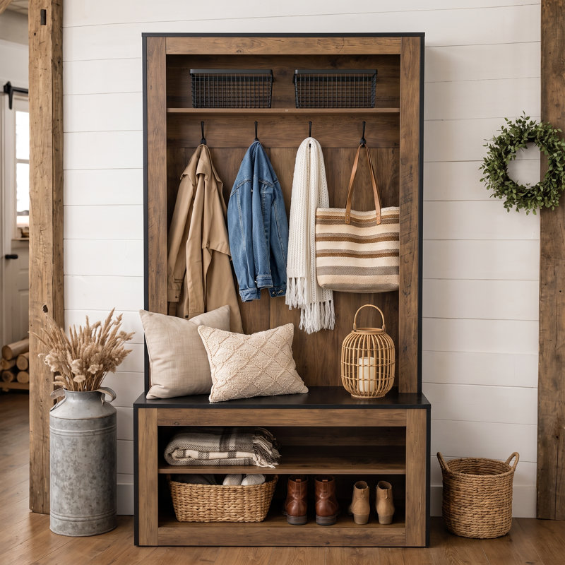 Portemanteau 70,87 "avec crochets et tablettes, portemanteau avec banc de rangement pour chaussures