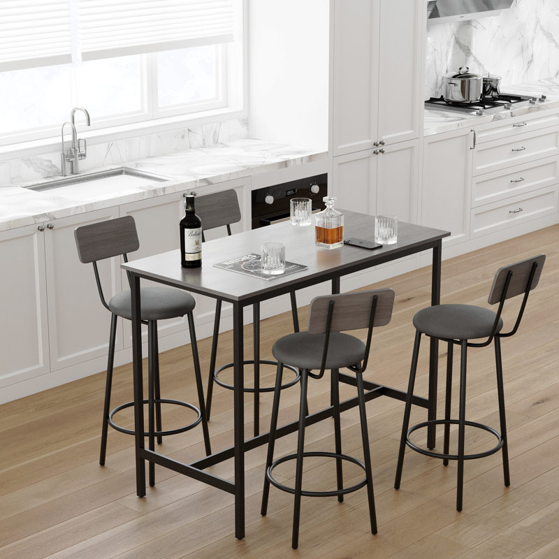 Ensemble de table de bar avec 4 tabourets de bar avec assise souple et dossier, gris, H 35,43 po x l 47,24 po x P 23,62 po