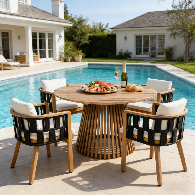 Annen Patio 5-Piece Acacia Wood Dining Set With Pedestal Slat Table & Cushions