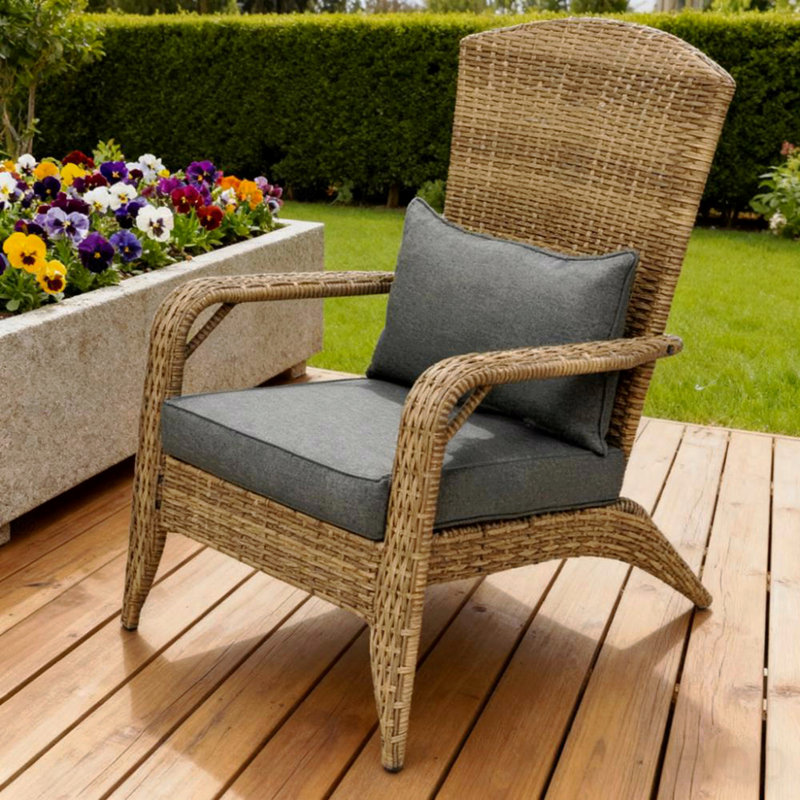 Outdoor Patio Chair, PE Rattan Wicker With Soft Cushions And Tall Curved Backrest, Gray