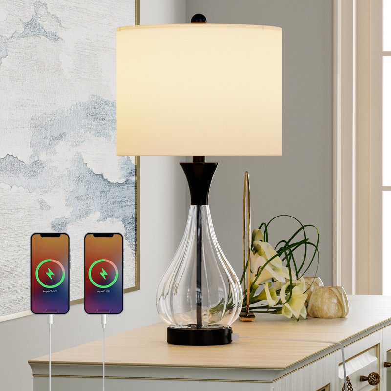 Lampe de table moderne en métal et verre 26 "avec ports USB (noir) - MCM Funky Modern, Noir/transparent