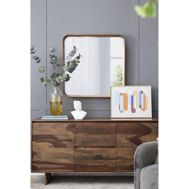 Miroir mural avec cadre en bois - 32 po x 32 po, design minimaliste pour le salon, la salle de bain et le vestibule. Bords incurvés doux, miroir 29,9 po x 29,9 po, bois de pin à 50%, 19,6 lb, brun style carré 32 po x 32 po