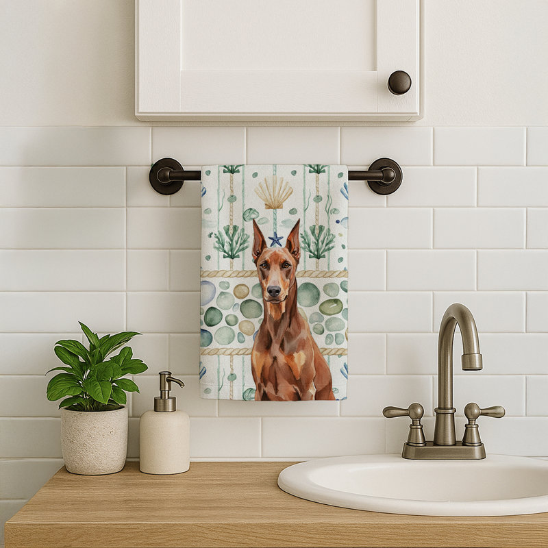 Serviette de cuisine blanche en verre de mer à épagneul tibétain blanc, Doberman pinscher rouge