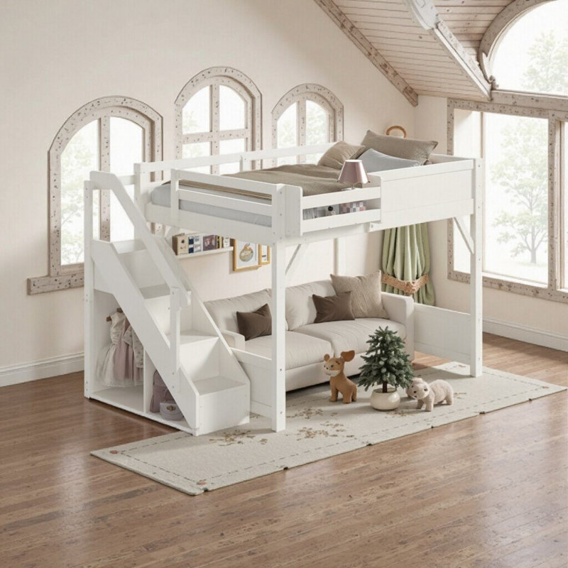 Lit mezzanine double en bois massif avec garde-robe intégrée, tablettes de rangement et rails de sécurité, Full / Double