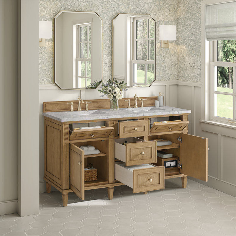 Lorelai 60'' Double Bathroom Vanity with Top, Light Natural Oak, Eternal Jasmine Pearl, 8" Widespread