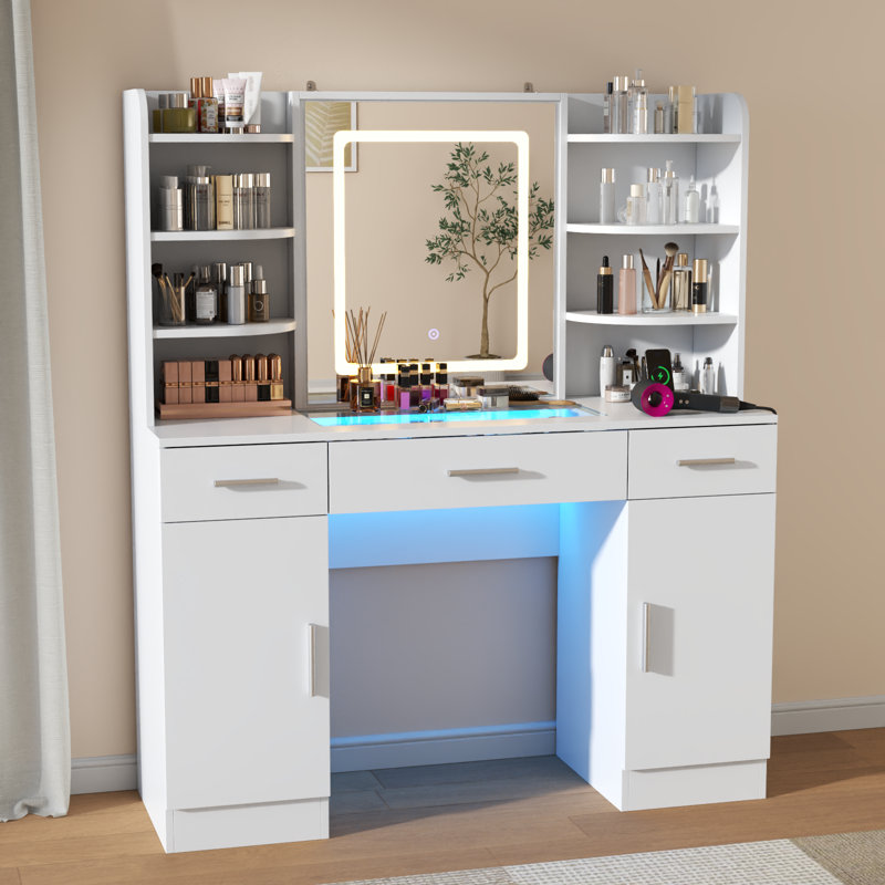 Makeup Vanity Desk With Lighted Mirror & Power Outlet, Makeup Vanity Table With 3 Drawers, 6 Shelves & 2 Cabinets, Tempered Glass Tabletop Dressing Table With LED Lights For Bedroom, White