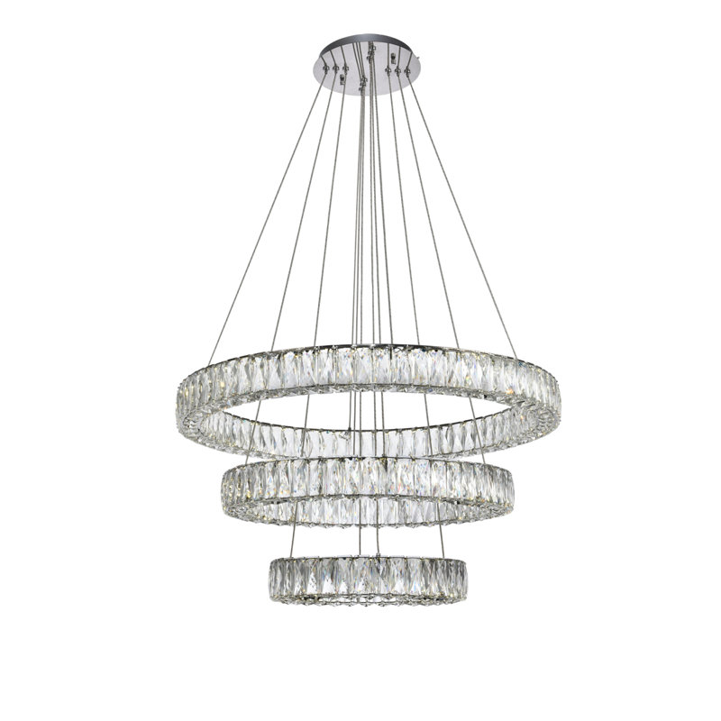 Lustre à DEL unique et remarquable à 3 lumières avec détails en cristal Maart, Chrome, H 21 po x l 31,50 po x P 31,50 po