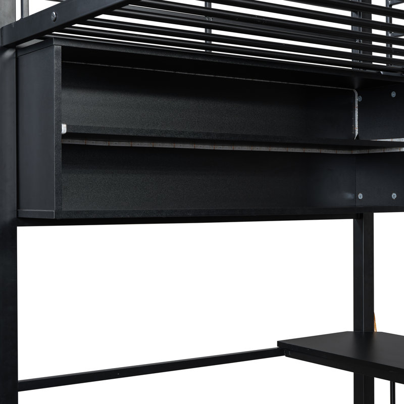 Lit mezzanine simple en métal avec DEL, bureau et 4 tablettes de rangement, noir