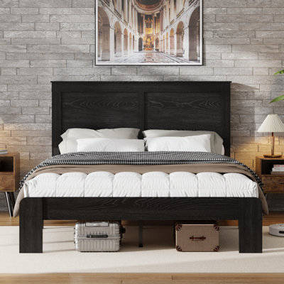 Structure de lit grand noir foncé, plateforme en bois avec avantage de bruit, pas de sommier tapissier, guide d'assemblage rapide, espace de rangement spacieux, taille de chambre à coucher d'inspiration industrielle en noir,
