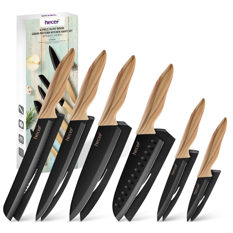 Ensemble de couteaux de cuisine 6 pièces Hecef, lame de couteau en acier inoxydable à haute teneur en carbone avec revêtement noir, boîte-cadeau (ensemble de 6)