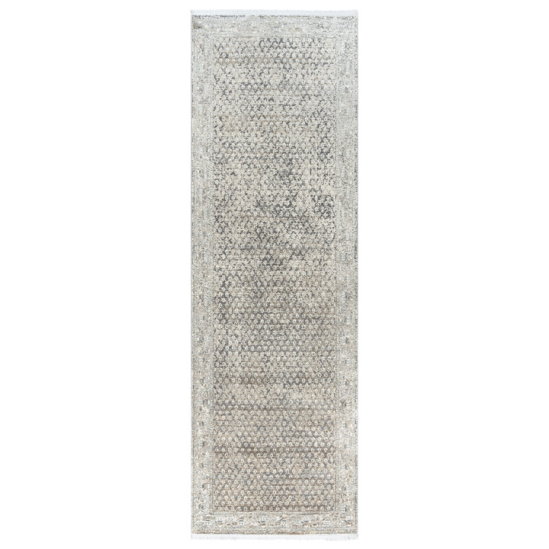 Gray and Taupe Viscose Acrylic Runner Rug with Fringe