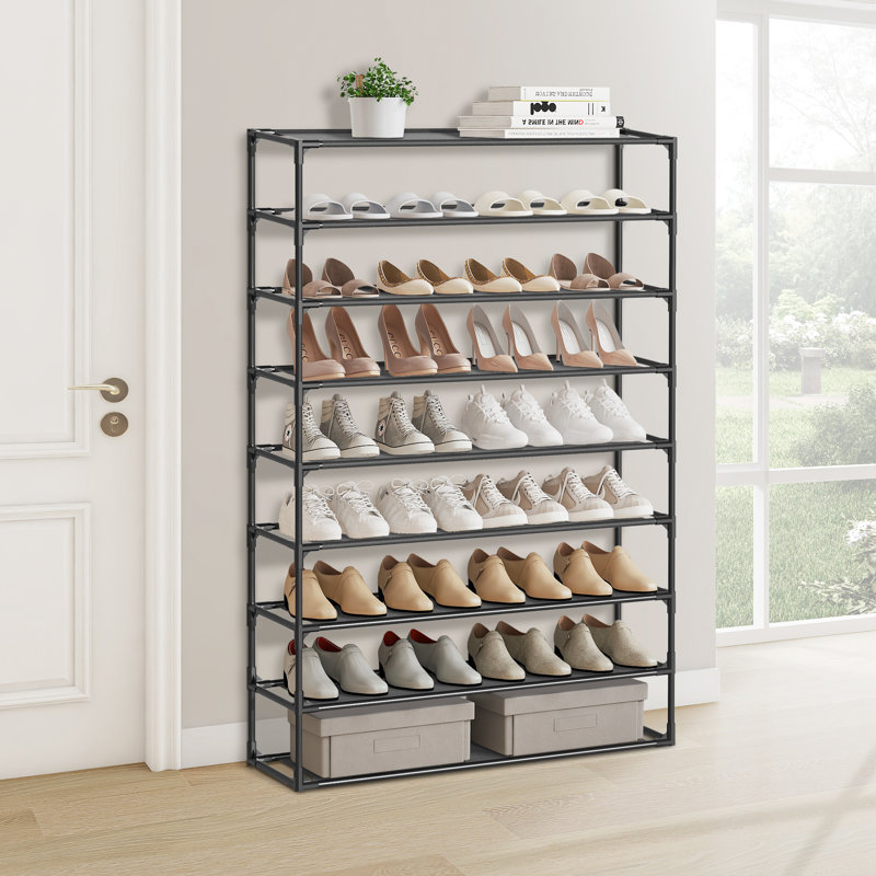 9 Tier Metal Shoe Rack Organizer Black Fabric Shelf, 7