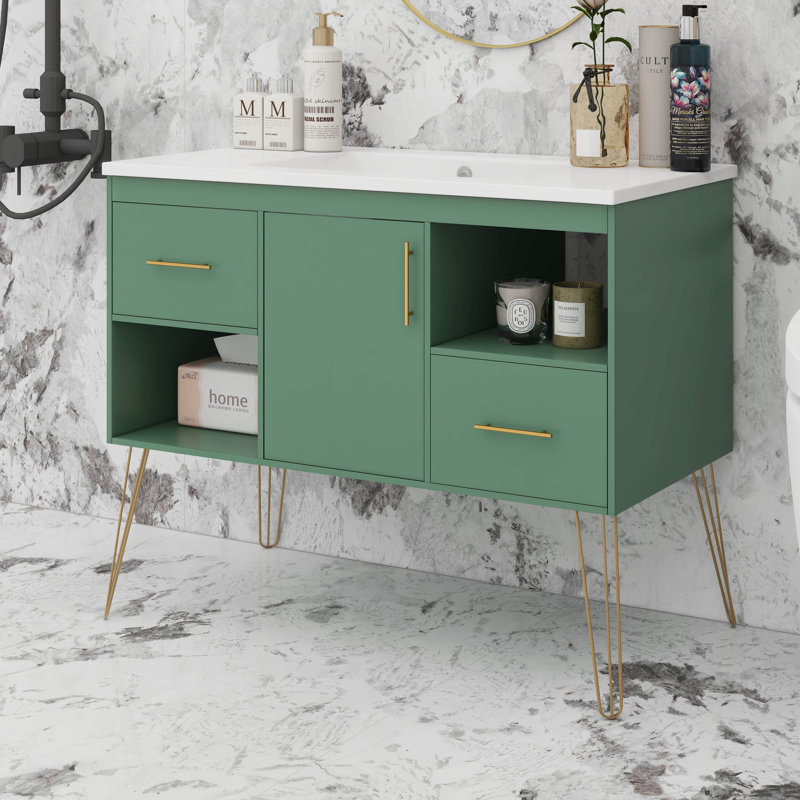 Meuble-lavabo autoportant moderne 36 po avec 2 tiroirs et compartiments de rangement ouverts