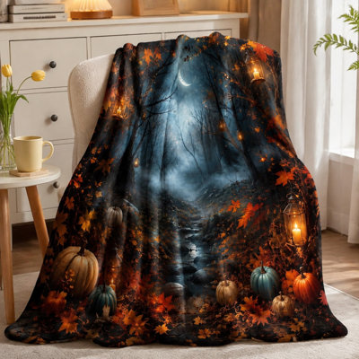Cozy Halloween Forest Scene Blanket, Mystical Moonlit Woods with Pumpkins and Lanterns Throw, Soft Plush Decorative Bedding for Sofa Couch Bedroom Living Room Home Decor