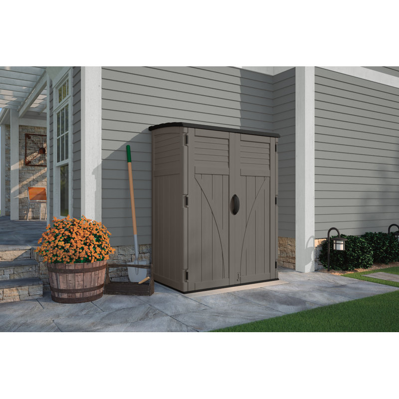 Suncast 53 in. W x 32.5 in. D Resin Vertical Tool Shed with Reinforced Floor and Lockable Doors, Made in the USA, Stoney