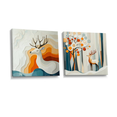 «Mid Mid Century Santa Deer Serenade III - Christmas Santa Deer Wall Art», ensemble de 2 décorations murales traditionnelles