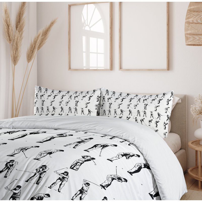 Black and White Golf Sketch Queen Duvet Cover Set