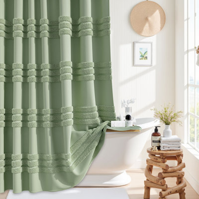 Farmhouse Fabric Shower Curtain, Elegant Tufted Chenille Striped Textured Cloth Shower Curtain Set with Plastic Hooks, Mashine Washable, Waterproof Modern shabby elegance Luxury Shower Curtains for Bathroom