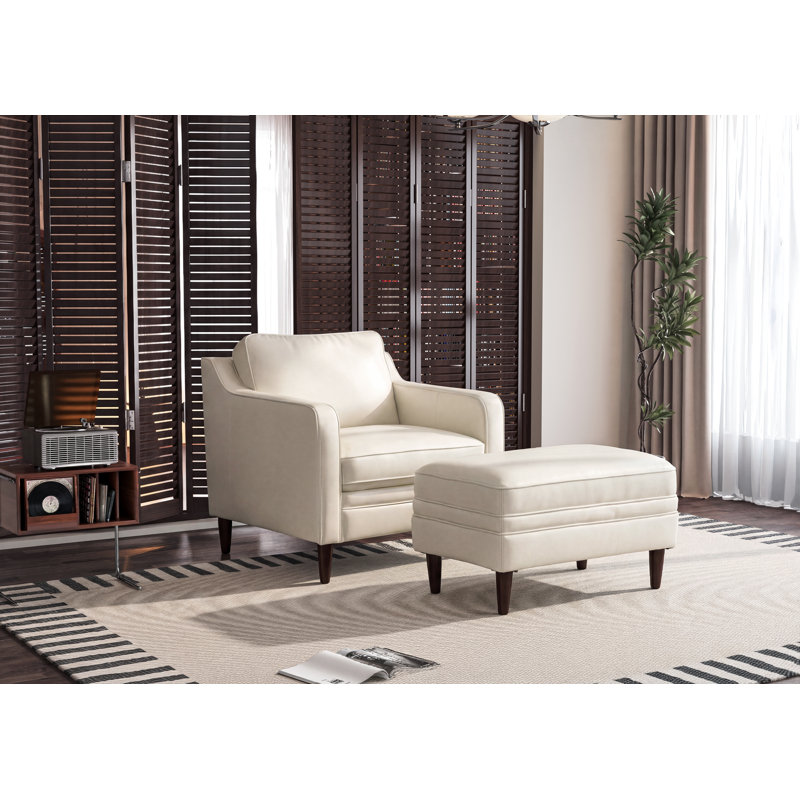 Fauteuil et repose-pieds Leyla en cuir véritable, accoudoirs carrés, avec repose-pieds assorti., Cream