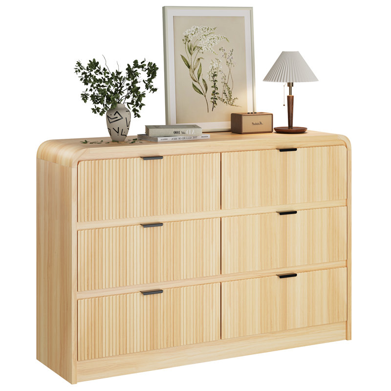 Ato Fluted 6 Drawers Dresser for Bedroom, 54" Wide Wooden Dresser with Metal Handle, Curved Profile Design, Modern Storage Organizer for Living Room, Hallway