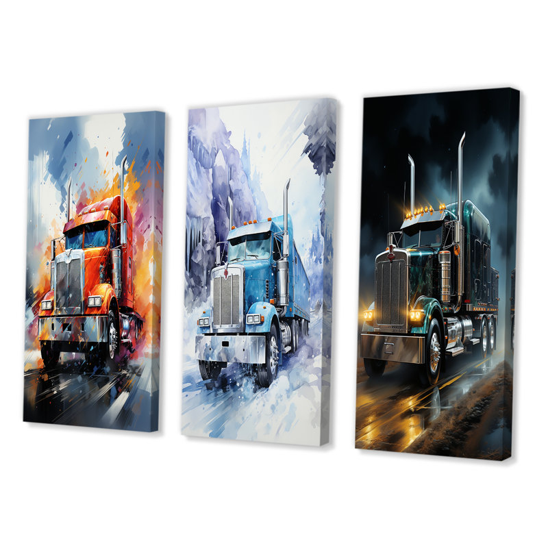 «Semi Truck Midnight Cruiser», 3 pièces sur toile, Toile tendue, H 32 po x l 48 po