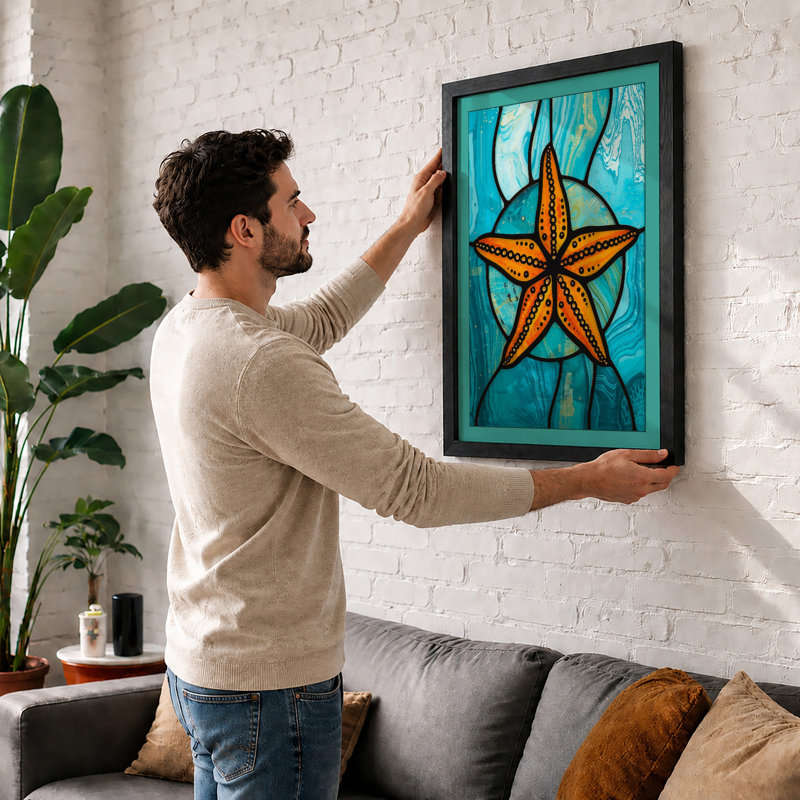 Starfish in Motion Coastal - Framed Print, A2 - 59.4 x 42.0 cm, Oak