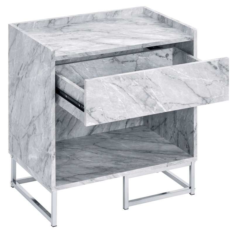 Élégante table d'appoint en faux marbre avec tiroir et tablette, parfaite pour les espaces de vie élégants et fonctionnels