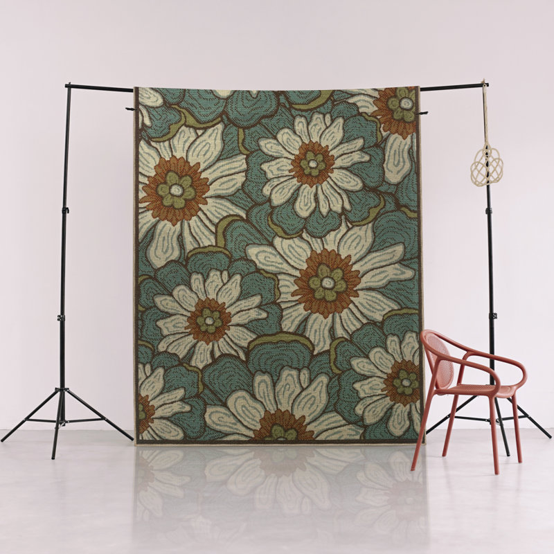 Tapis décoratif moderne à motif floral vert à motif de marguerites mélangées, Tapis de couloir 3 pi 3,37 po x 6 pi 6,74 po