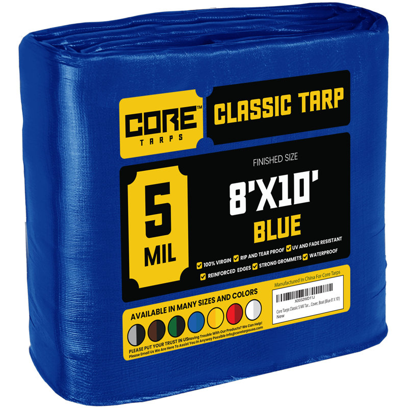Housse de bâche Classic 5 mil 8 pi x 10 pi, bleu, imperméable, résistante aux rayons UV, à l'épreuve des déchirures et des déchirures, bâche en poly avec bords renforcés pour toit, patio, couverture de piscine, bateau