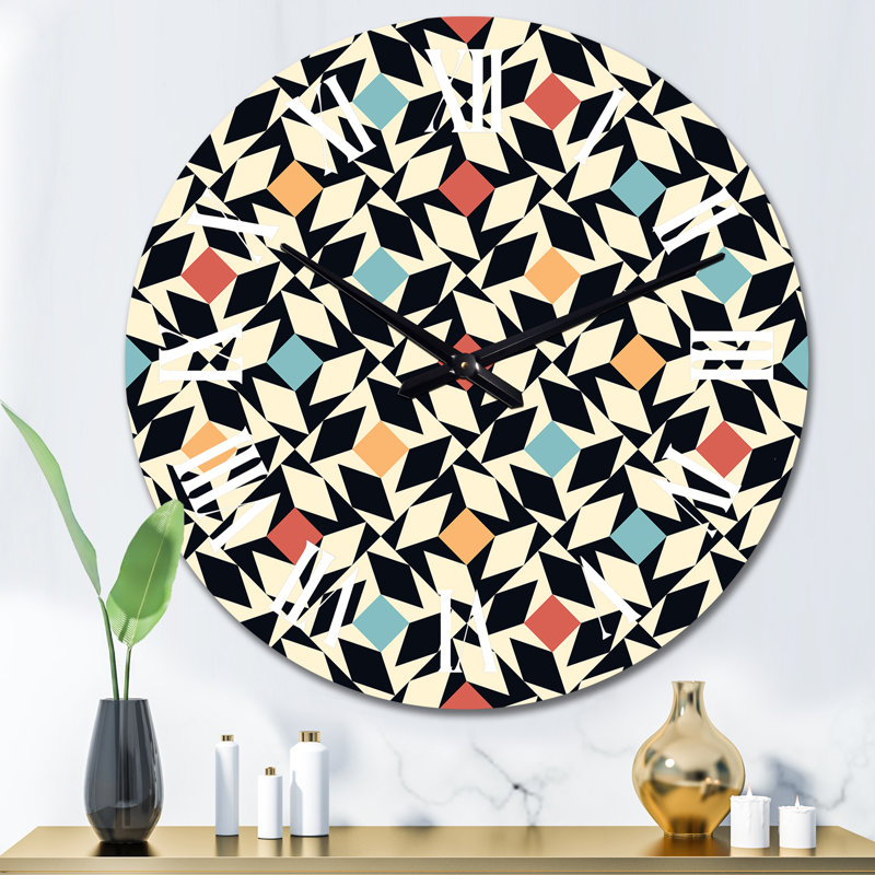 Horloge murale à motif géométrique bleu, orange et rouge, Moyen