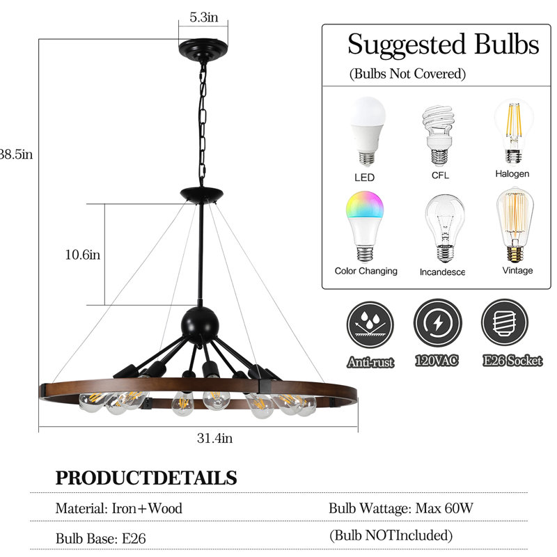 8- Luminaire suspendu pour espaces - Cuisine, salon, salle à manger, rouille et corrosion, réglable, noyer et finition noire