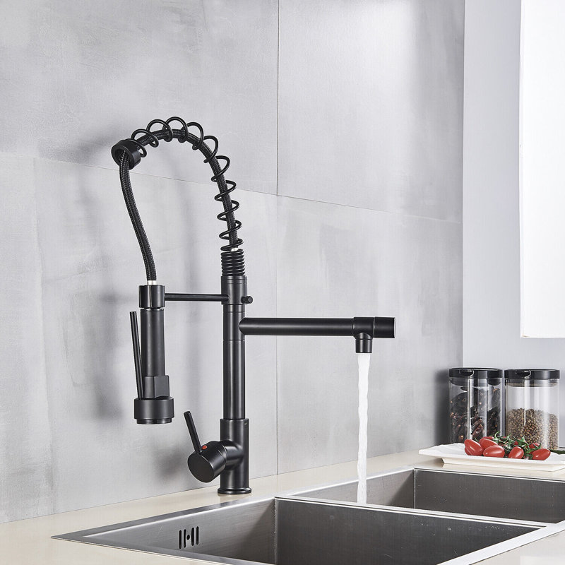 Robinet de cuisine chromé avec robinet à poignée simple et douchette extractible, Noir mat