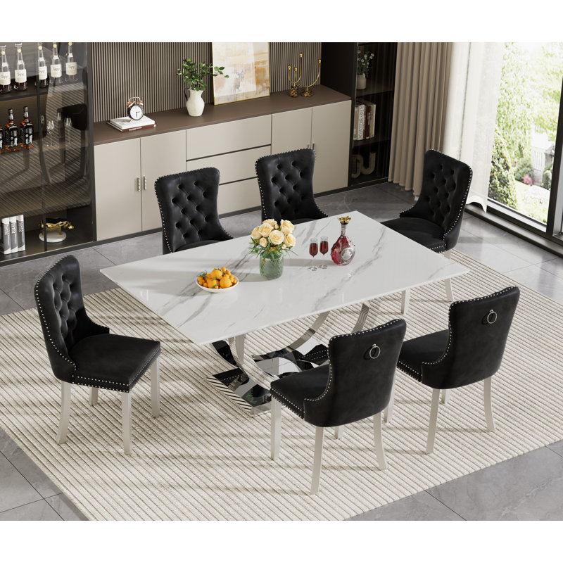 Faux Marble Dining Table Set, 69.3" Rectangular Dining Table & Tufted Velvet Chairs, Modern Kitchen Dining Room Table with Dual U-Shape Stainless Steel Base and Chairs Set