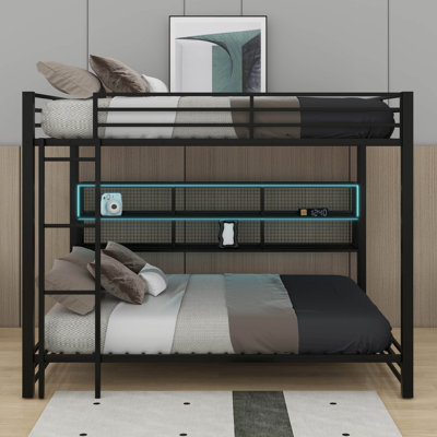 Metal Queen Over Queen Bunk Bed With Storage Cabinets And LED
