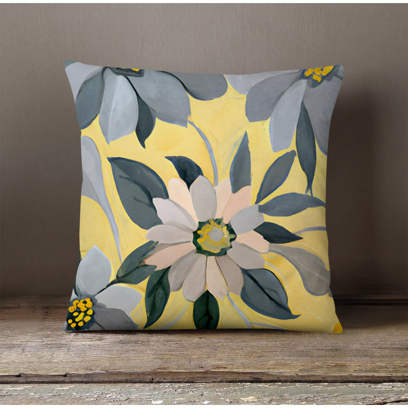 Throw Pillow With Insert, 16"H x 16"W, Gray/Yellow Floral 1