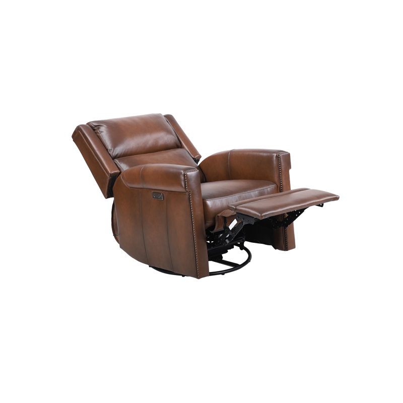 Fauteuil inclinable électrique pivotant en cuir véritable Lazari avec garniture cloutée et rembourrage moelleux