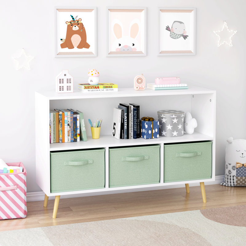 bibliothèque avec tiroirs en tissu pliables, présentoir à livres, rangement pour jouets, Vert
