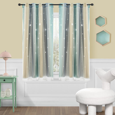 Double Layer Hollow Star Blackout Curtains for Kids Bedroom, Gradient Rainbow Window Curtains with Sheer Overlay, Grommet Thermal Insulated Room Darkening Drapes for Girls Nursery Living Room, 2 Panels