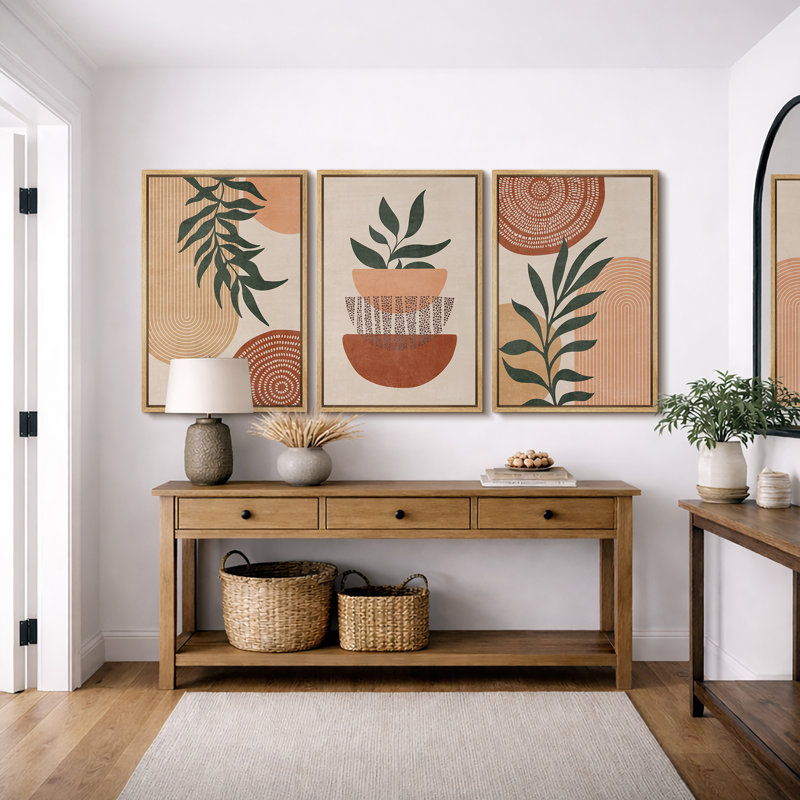 Mid Century Modern Boho Geometric Polygon Palm Leaf - 3 Piece Floater Frame Graphic Art Set on Canvas, Natural
