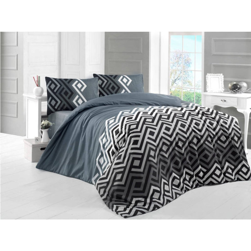 Luxurious King Quilt Cover Set, Grey & Black/White, 78.7 x 86.6 inches | 65% Cotton, 35% Polyester, 127 Thread Count | Machine Washable, Envelope & Button Closure | Perfect for Elegant Bedroom Decor
