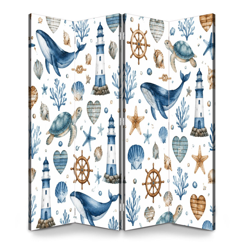 Cloison pliante 4 panneaux paravent Royal Nautical Whales Sea Turtles Lhages, 4, H 71 po x l 64 po x P 1 po
