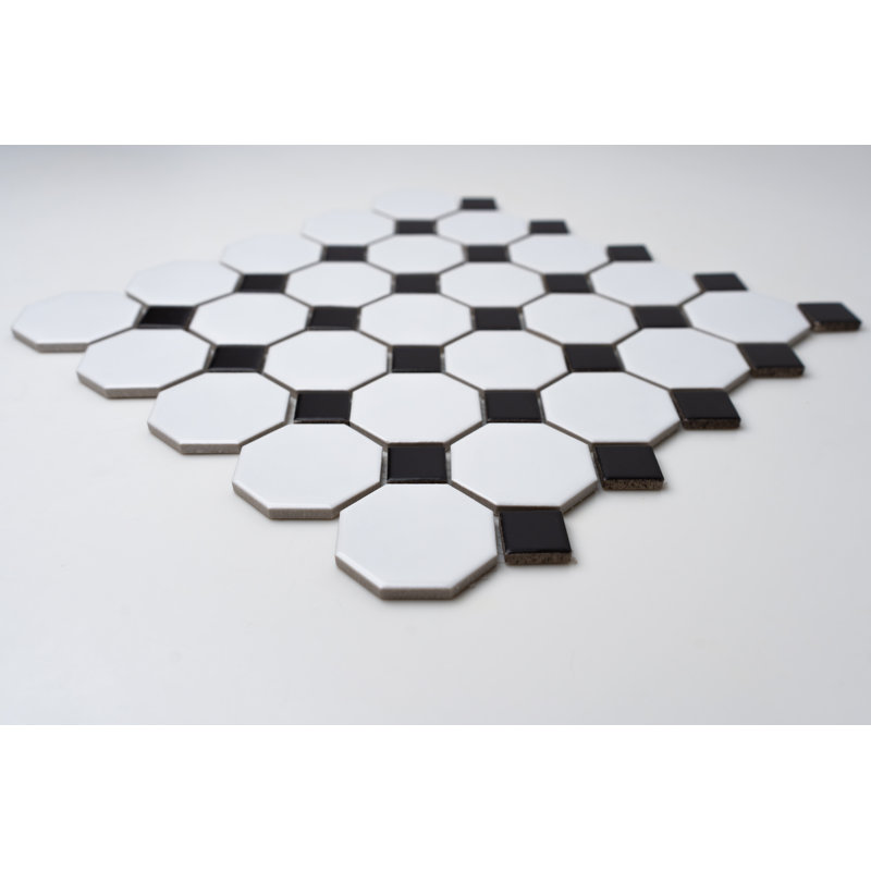 12X12” Octagon Matte Porcelain Mosaic Tile - (Box Of 10 Sheets), White/Black
