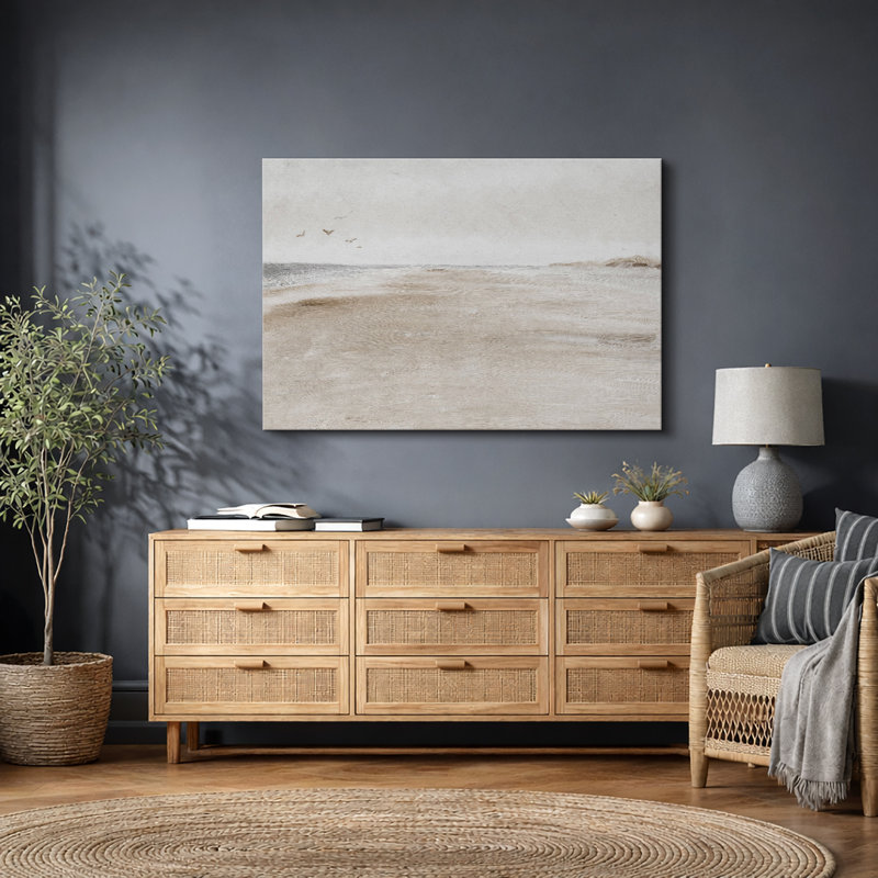 Minimal Landscape "Coastal Sandy Beach Seascape Artwork, Abstract Minimalist Neutral Decor Wall Pictures, Large Framed Canvas Giclee Print Wall Art"