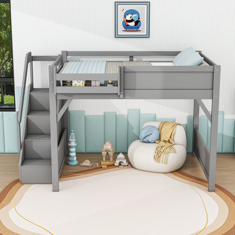 Lit mezzanine en bois peu encombrant avec escalier, Gris, Lit double