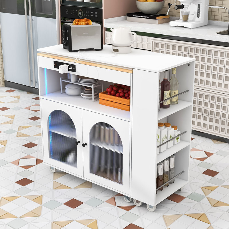 Rolling Kitchen Island with Extended Table, Kitchen Island with LED Light, Power Outlets and Storage, White