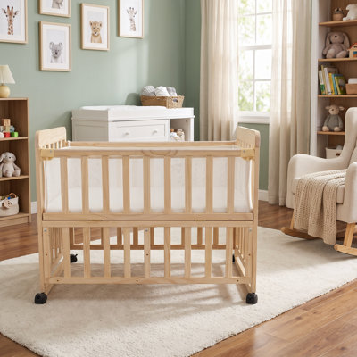 Pine Wood Bedside Baby Bassinet, 3-Height Adjustable Portable Convertible Crib with Mattress for 0-36 Months Newborns